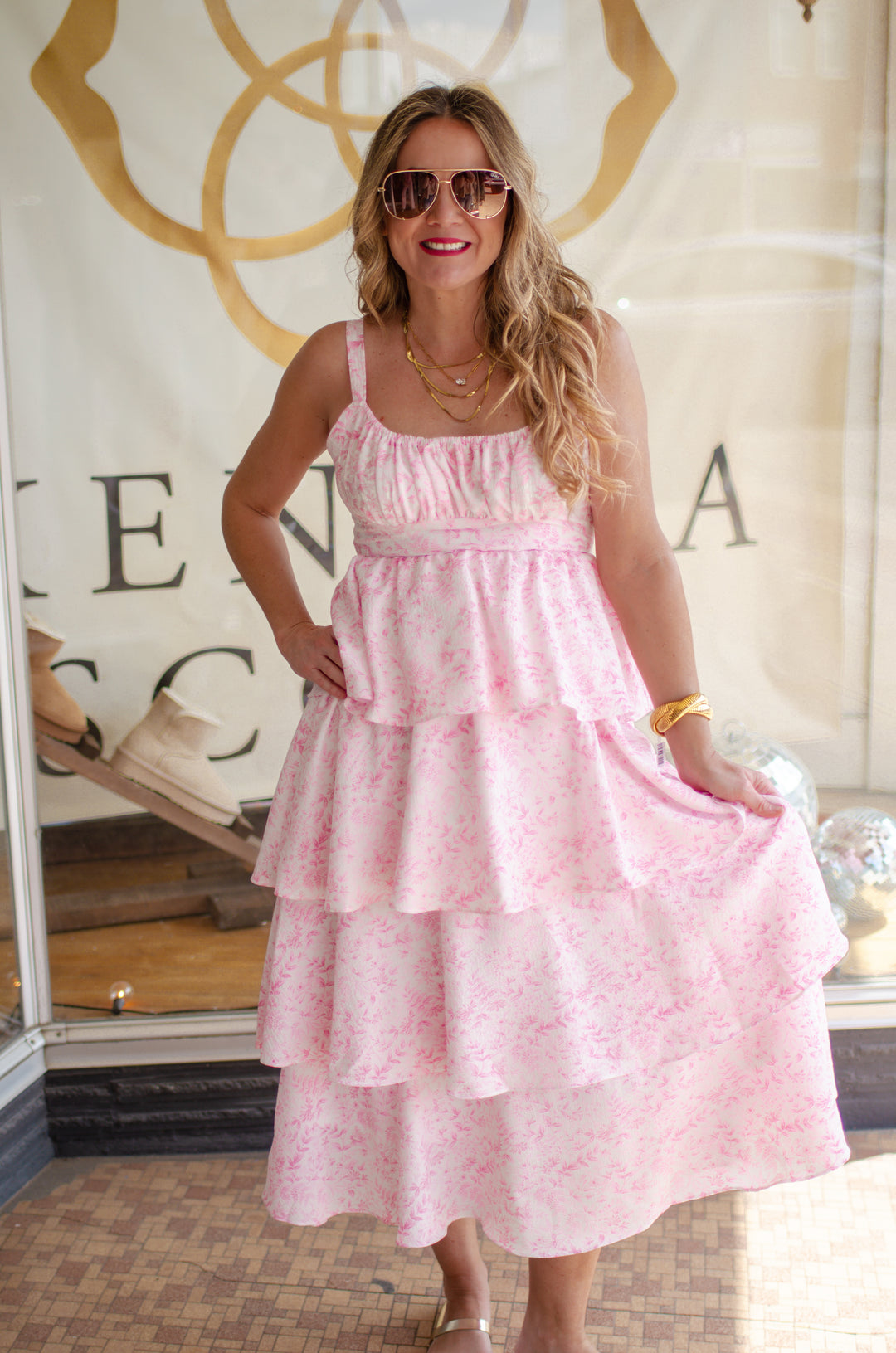 Perfectly Poised Ruffle Bow Back Midi Dress in Pink Toile