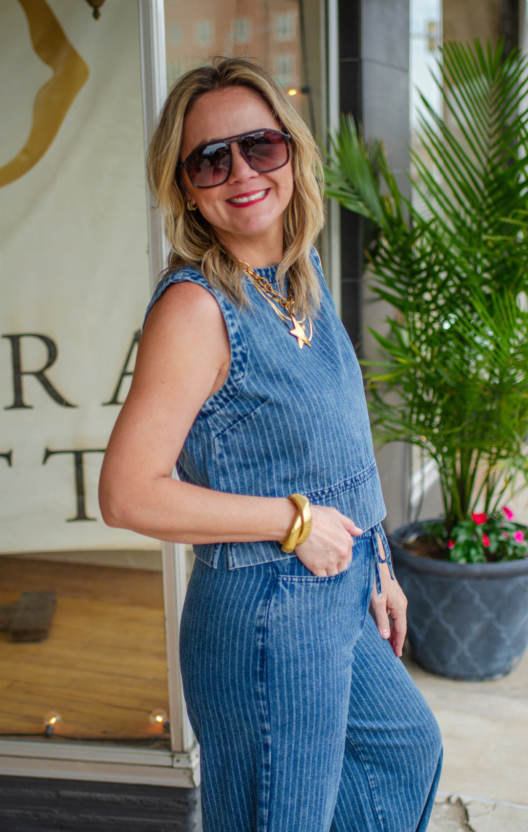 Bold Stripe Denim Pinstripe Sleeveless Top