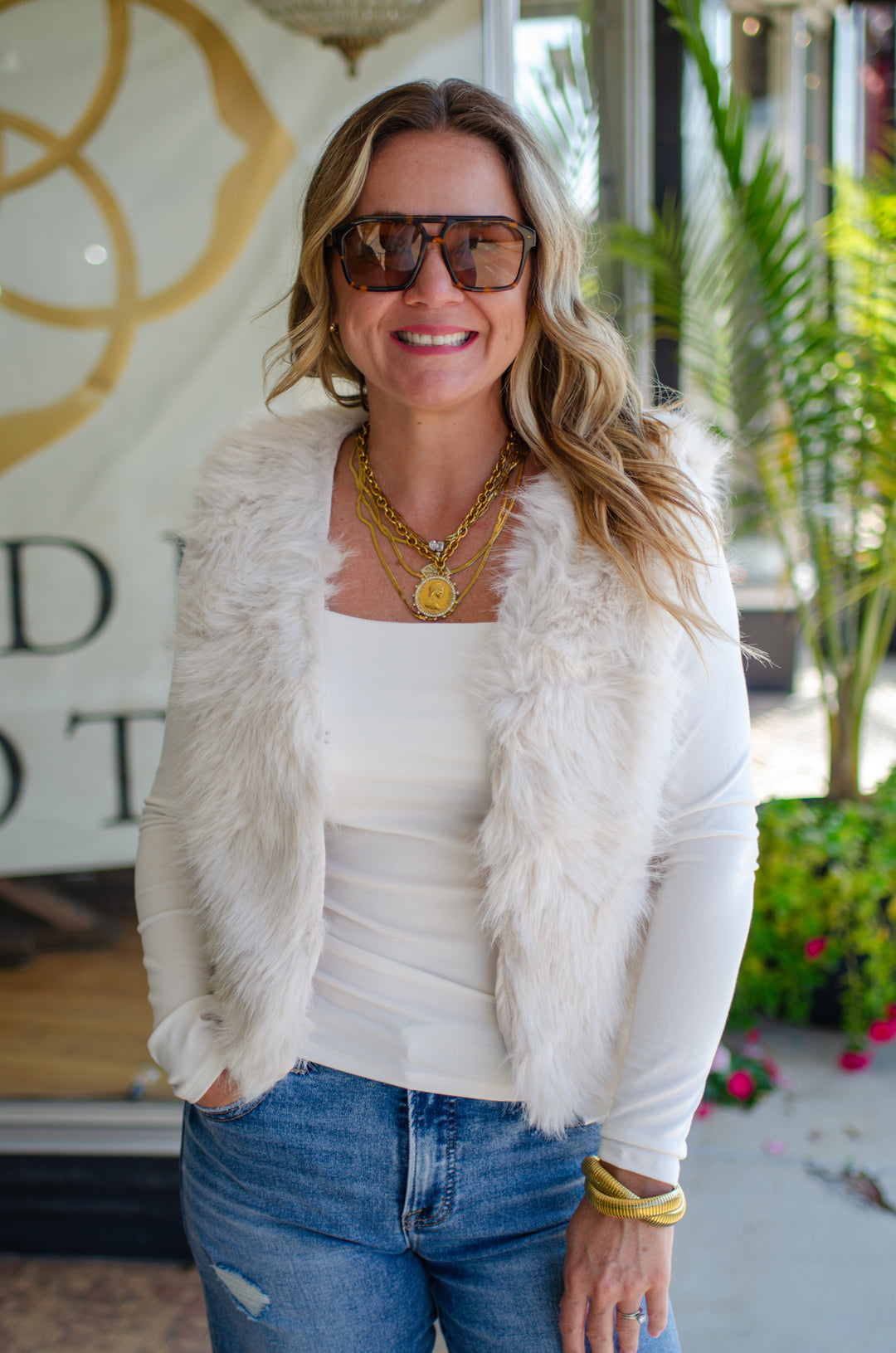 Glam Fur Vest in Ecru
