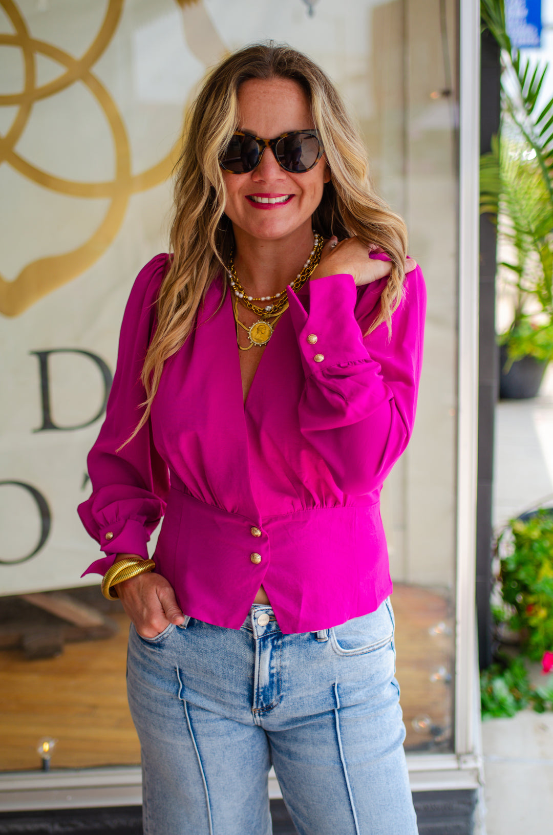 Run To You Long Sleeve Surplice Top with Gold Button Detail in Magenta