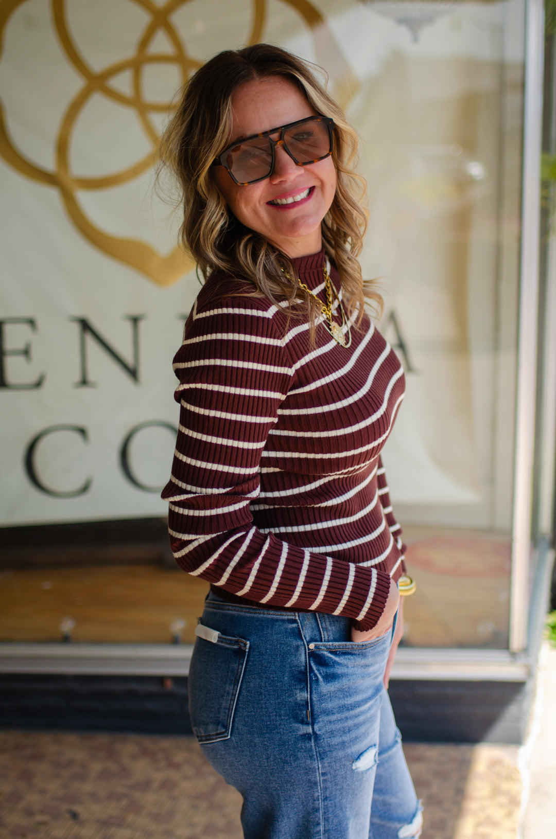 Love Story Ribbed Stripe Fitted Mock Neck Top in Chocolate Brown