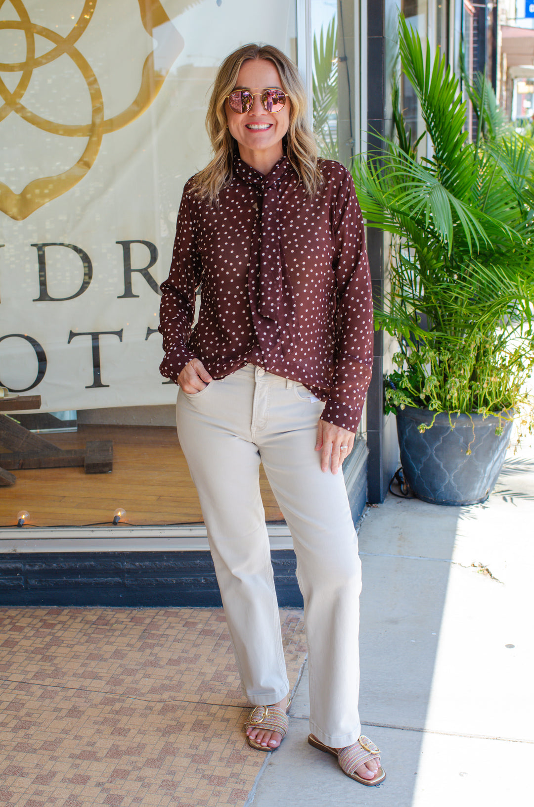 Spot On Polka Dot Neck button down Tie Top in Chocolate