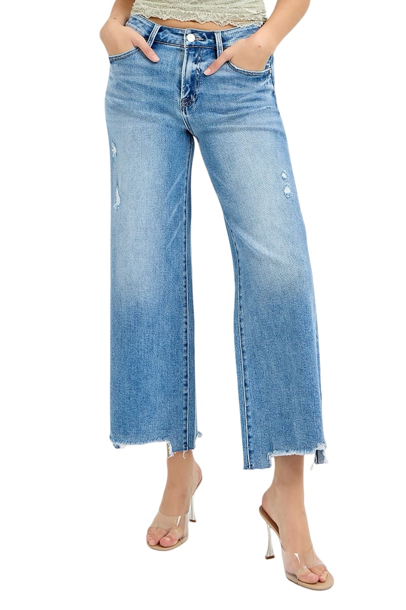 Risen High Rise Crop wide leg jeans in Medium Wash