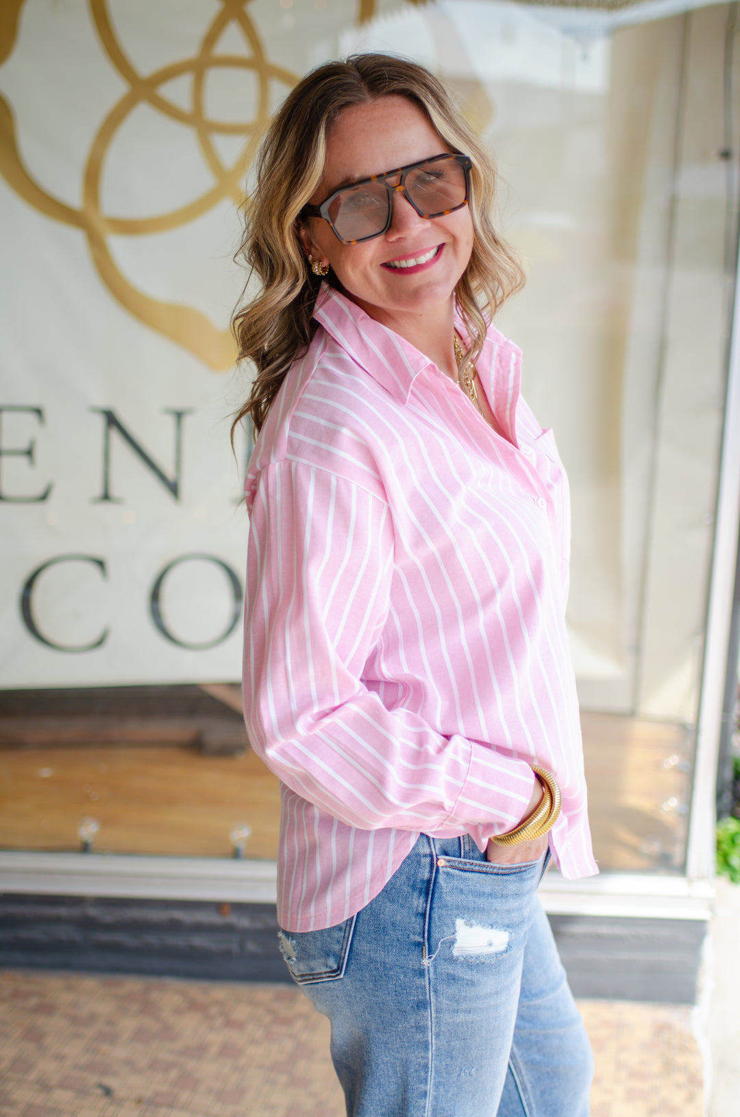 Fall Classic Stripe Button Down Boyfriend Top in Pink