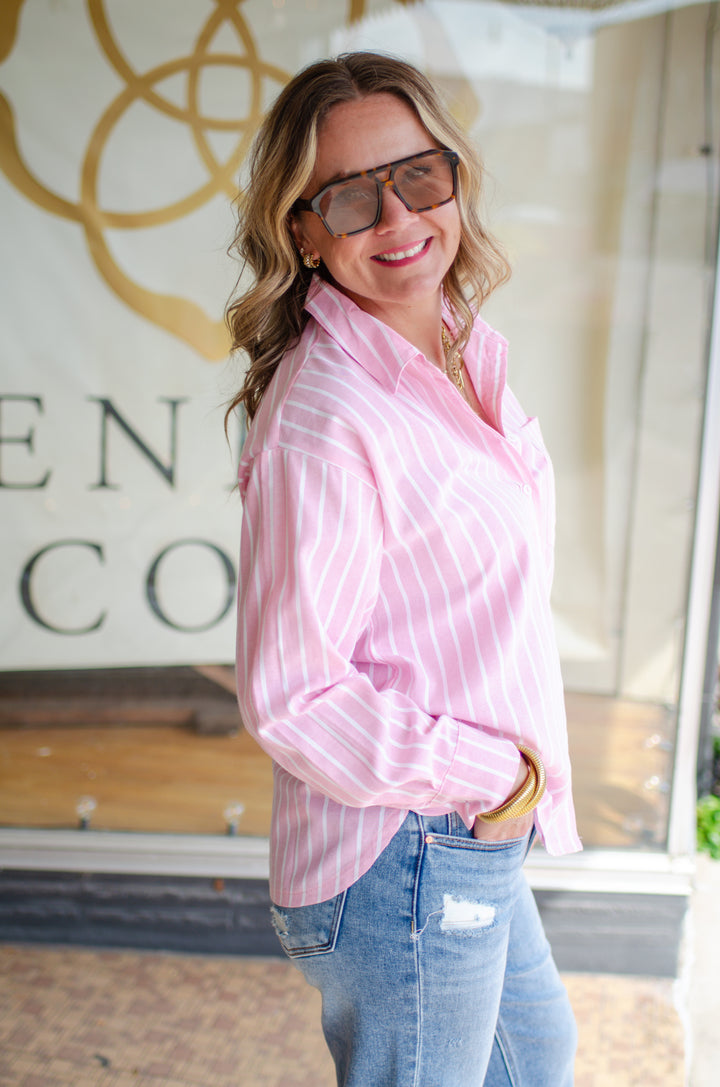 Fall Classic Stripe Button Down Boyfriend Top in Pink