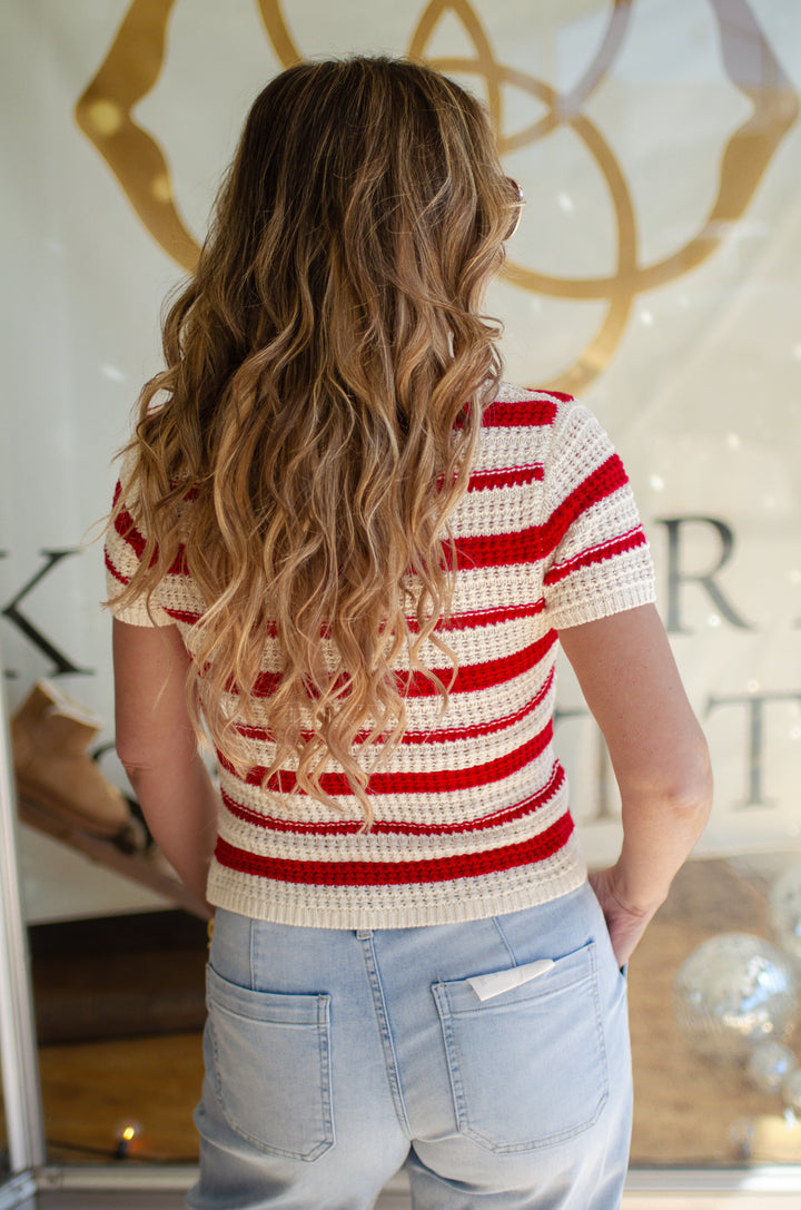 First Love Stripe Collated Scallop Trim Crochet Top in Red & Cream