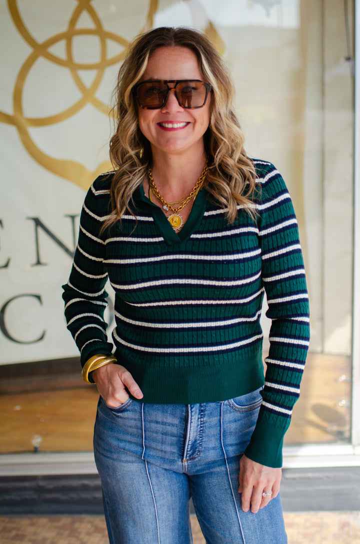 Retro Love Hunter Green & Navy Stripe Fitted Cable Knit Sweater