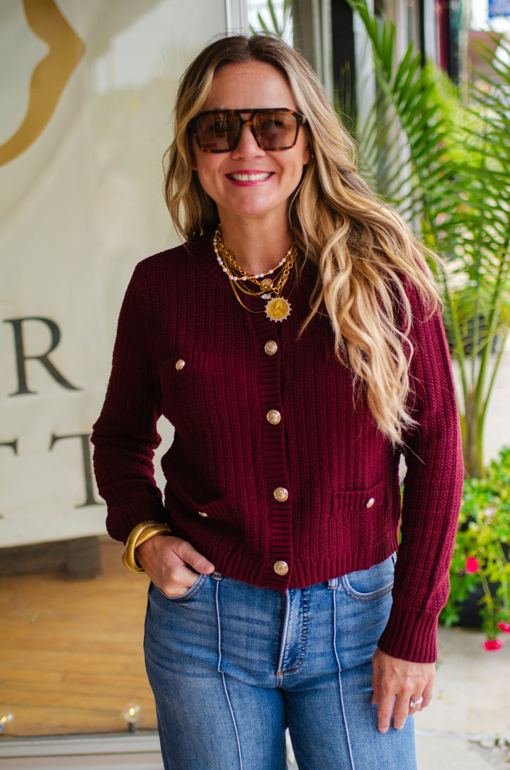 Stylish Moments Gold Button Detailed Sweater Top in Burgundy