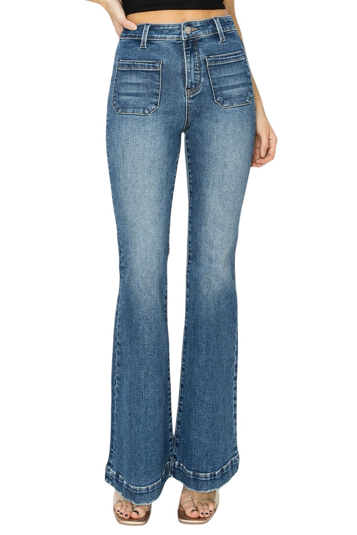 Risen High Rise Patch Pocket Front Flare in Dark Wash