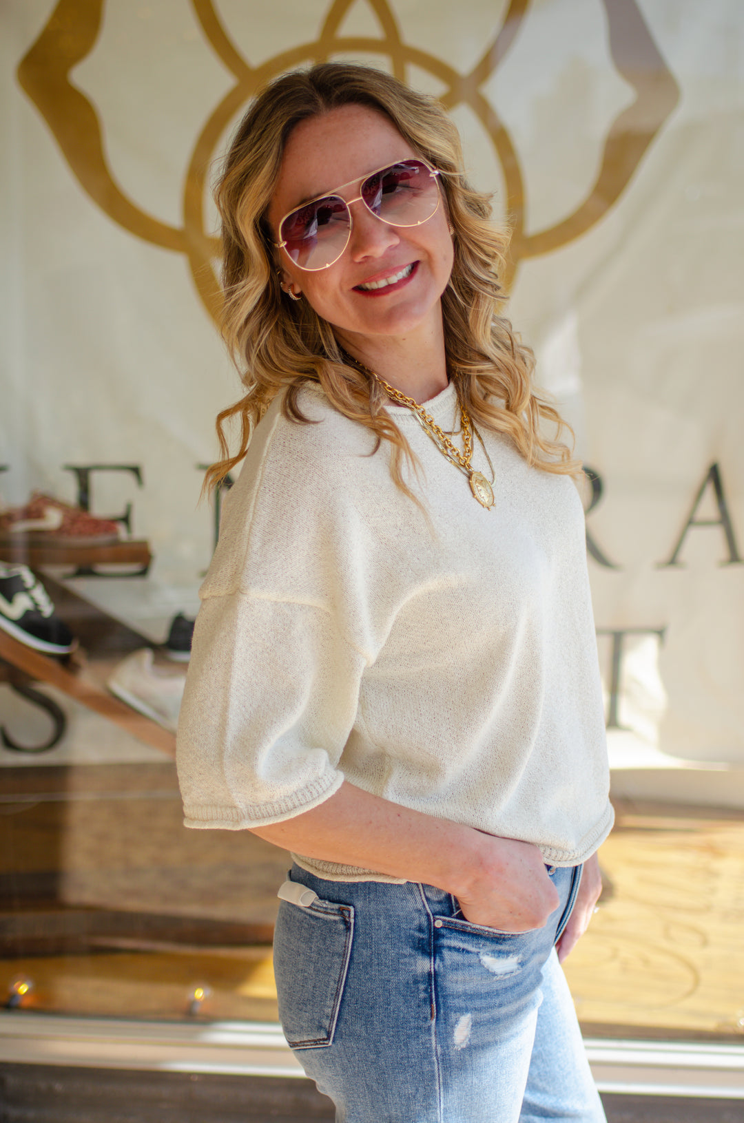 Spring Morning Cozy Knit Drop Shoulder Sweater Top in Cream