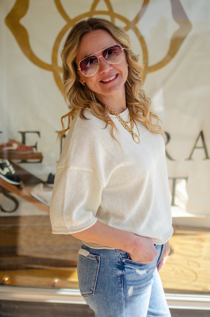 Spring Morning Cozy Knit Drop Shoulder Sweater Top in Cream