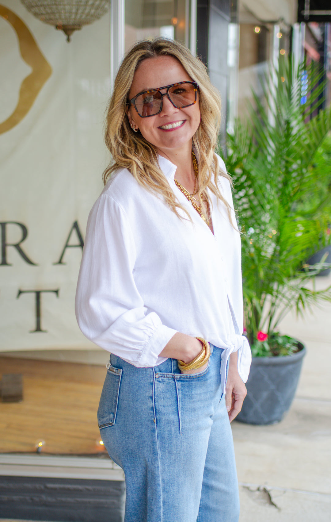 Simple Statement Button Down Tie Front White Linen Blouse