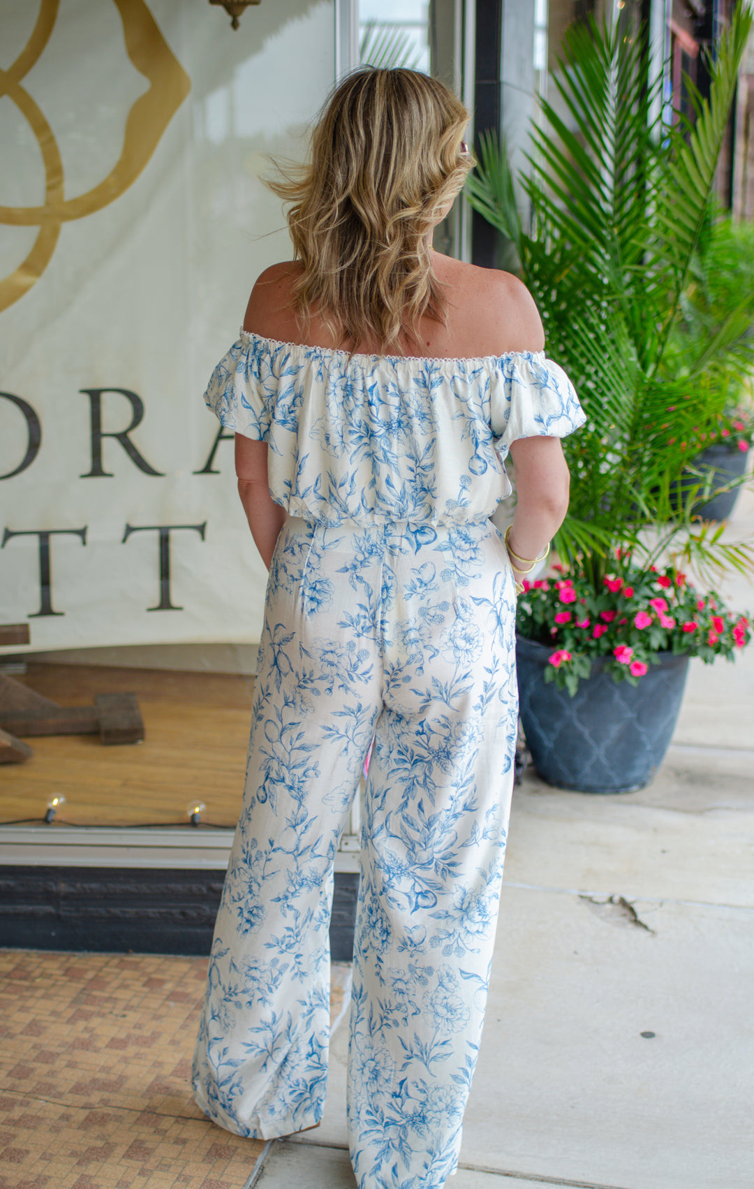 Capri Sunset Blue Toile Floral Off The Shoulder Top