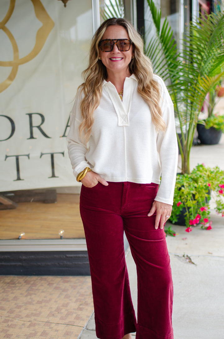 Take Your Time Split Neckline Long Sleeve Collared Top in Cream