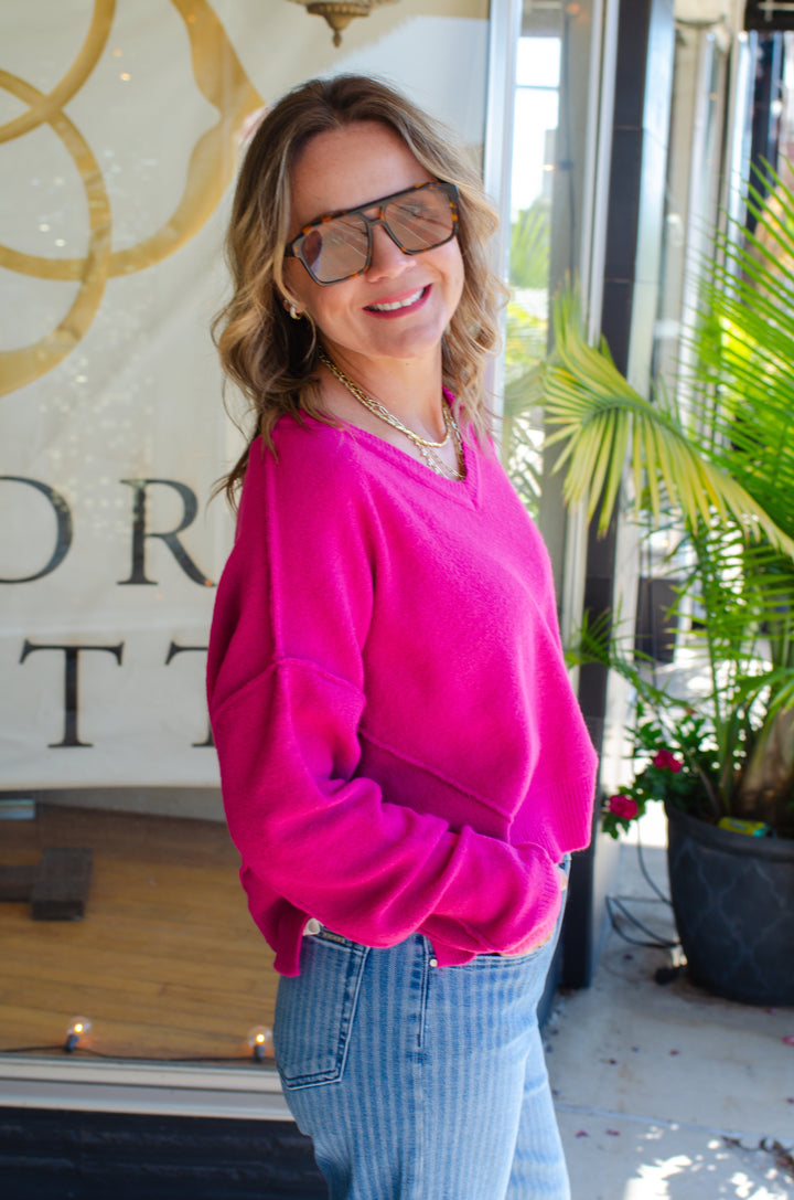 Cozy Up V-Neckline Oversized Sweater in Pink