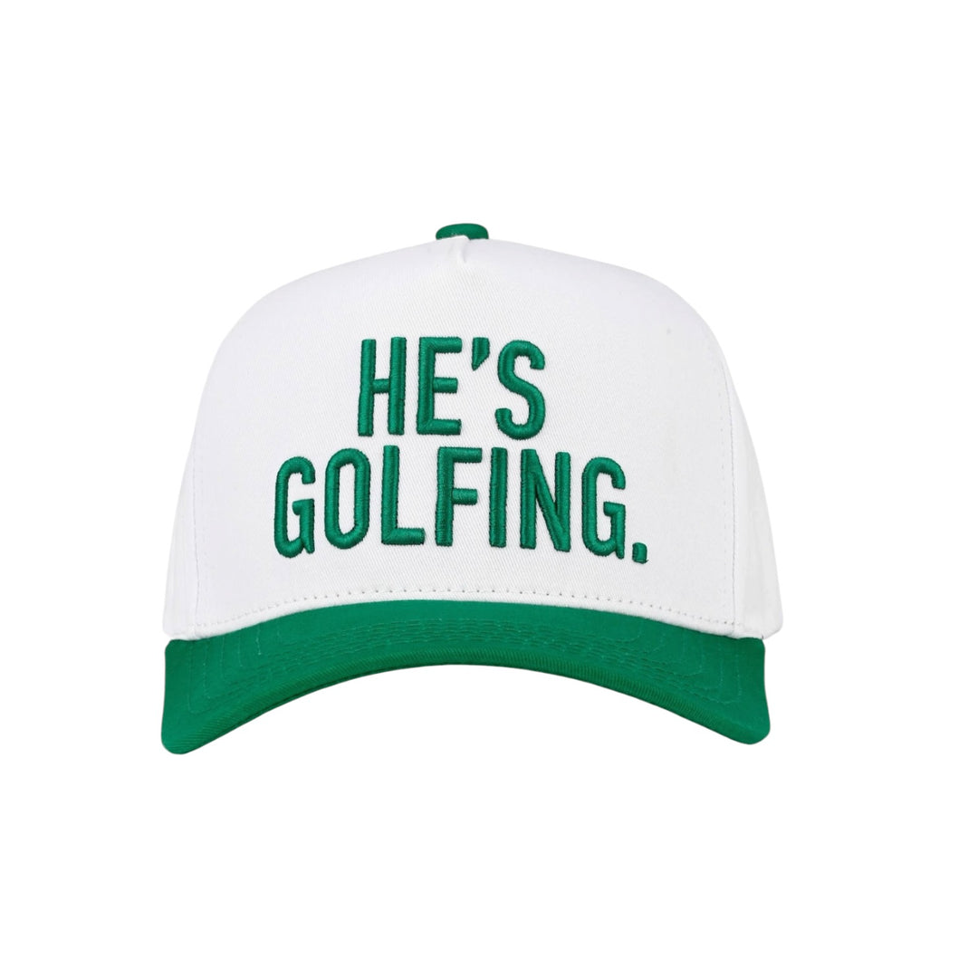 He's Golfing Embroidered Two-Tone Trucker Hat in Green