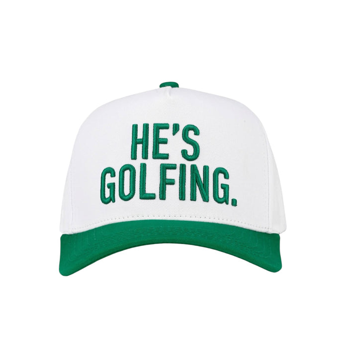 He's Golfing Embroidered Two-Tone Trucker Hat in Green