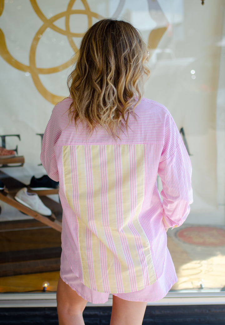 Pink Preppy Button Down Long Sleeve Stripe Top in Pink & Yellow