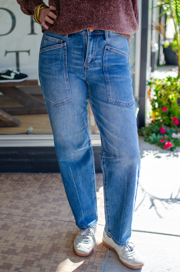 Risen 4 Way Stretch Mid Rise Barrel Leg Jeans in Dark Wash