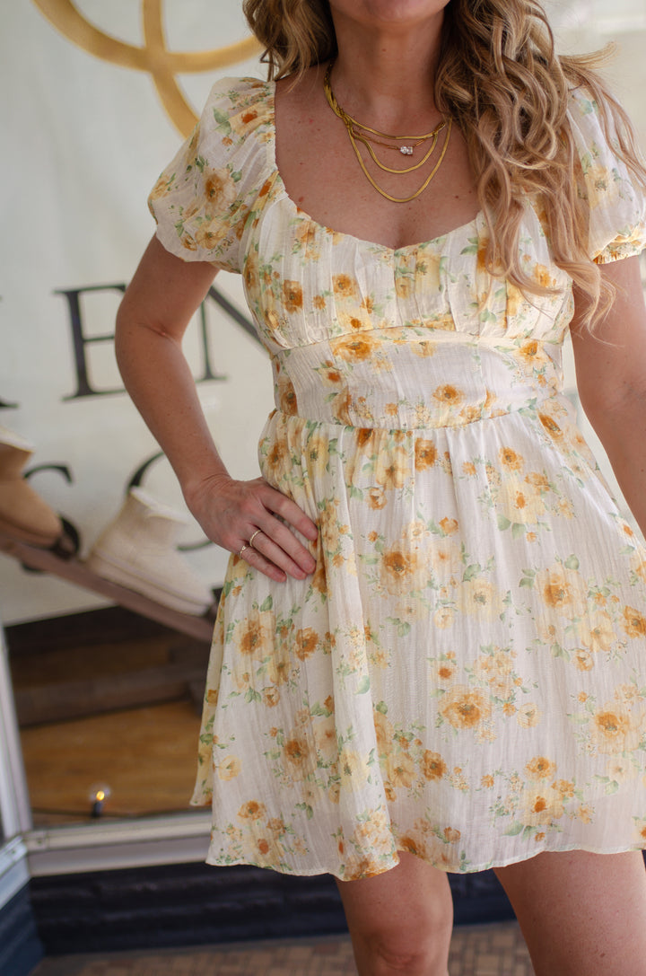 Tea Time Floral Corset Top Tie Back Dress in Yellow