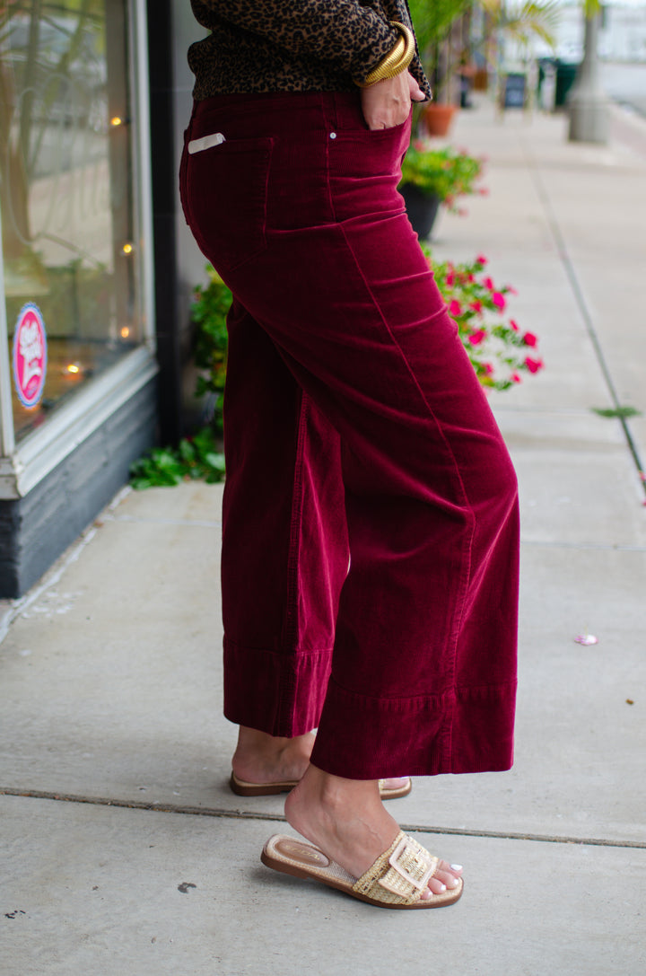 Risen High Rise Crop Wide Corduroy Pants in Wine