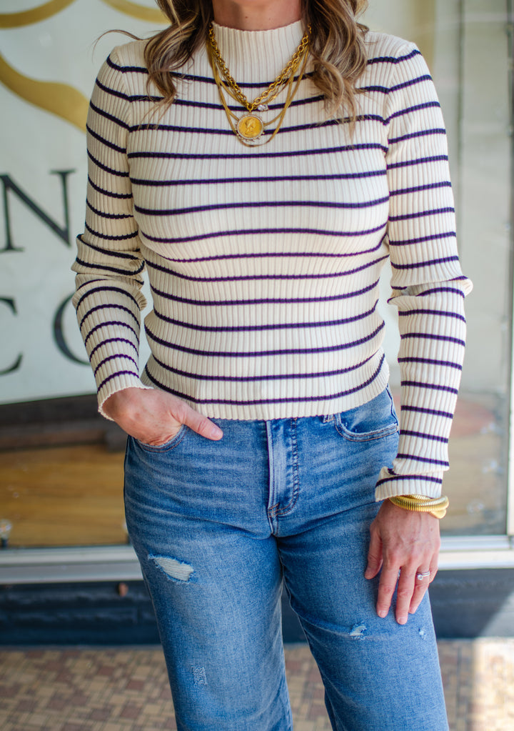 Love Story Ribbed Stripe Fitted Mock Neck Top in Cream