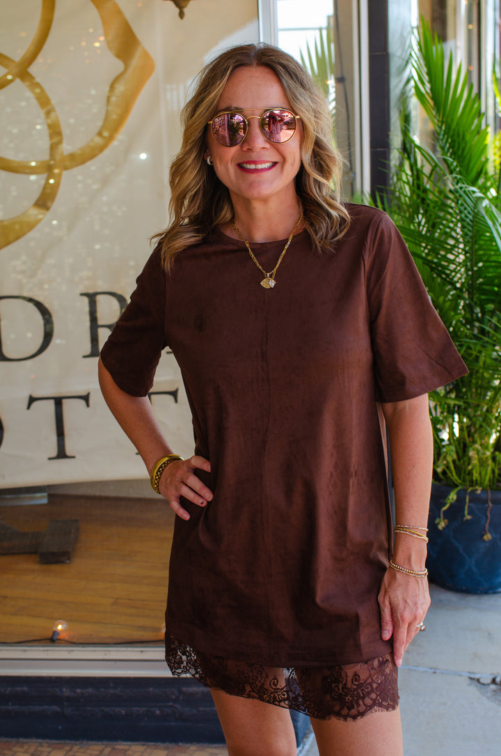 Spin Me Around Chocolate Faux Suede Lace Hem Dress