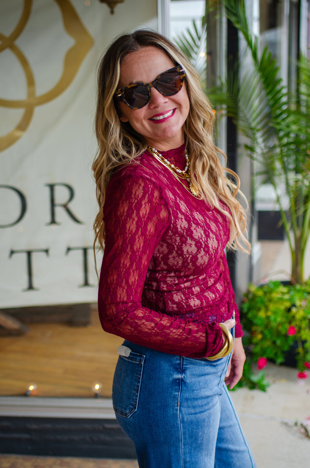 Fall Romance Fitted Floral Print High Neck lace Top in Wine