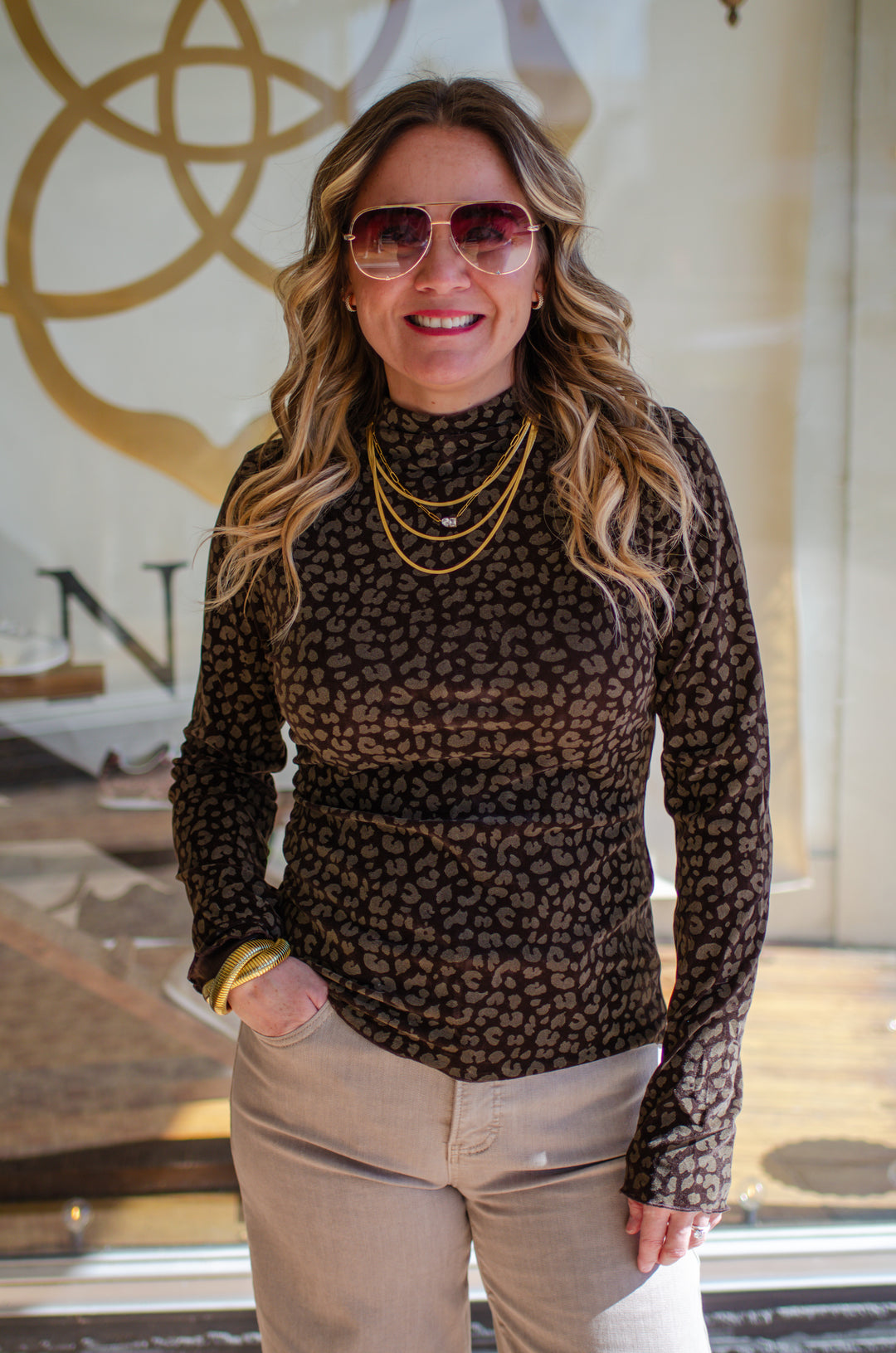 Winter Leopard Fitted Long Sleeve Mock Neck Top in Chocolate