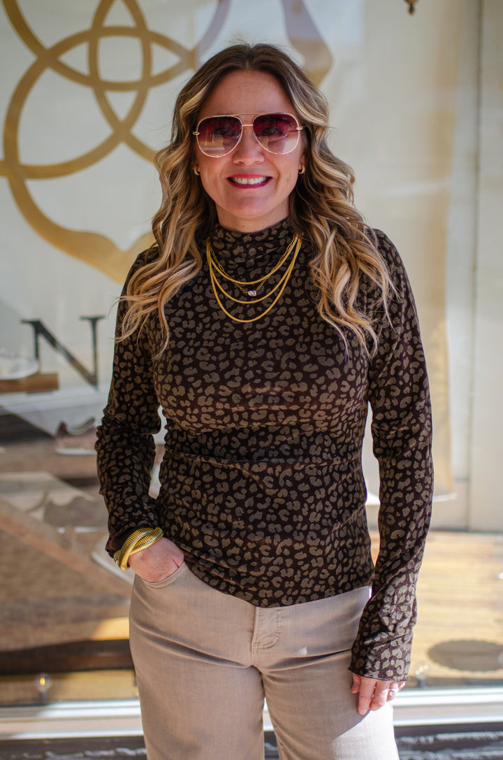 Winter Leopard Fitted Long Sleeve Mock Neck Top in Chocolate