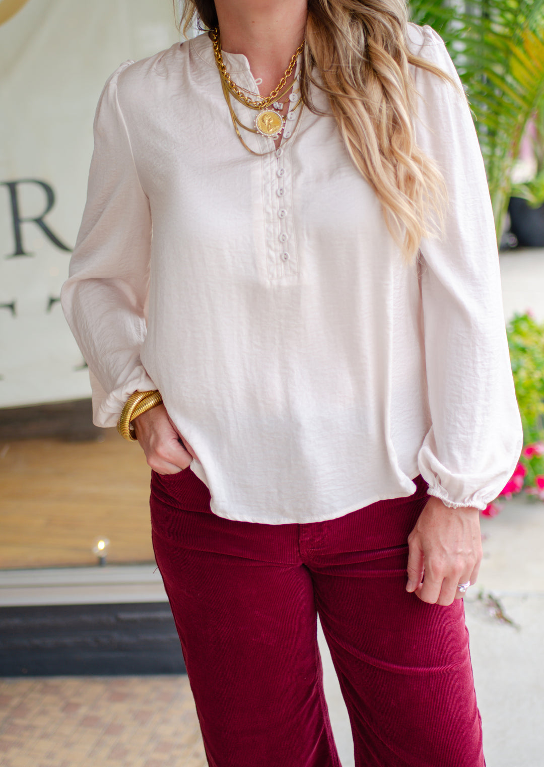 Weekend Romance Silky Button Down Blouse in Champagne
