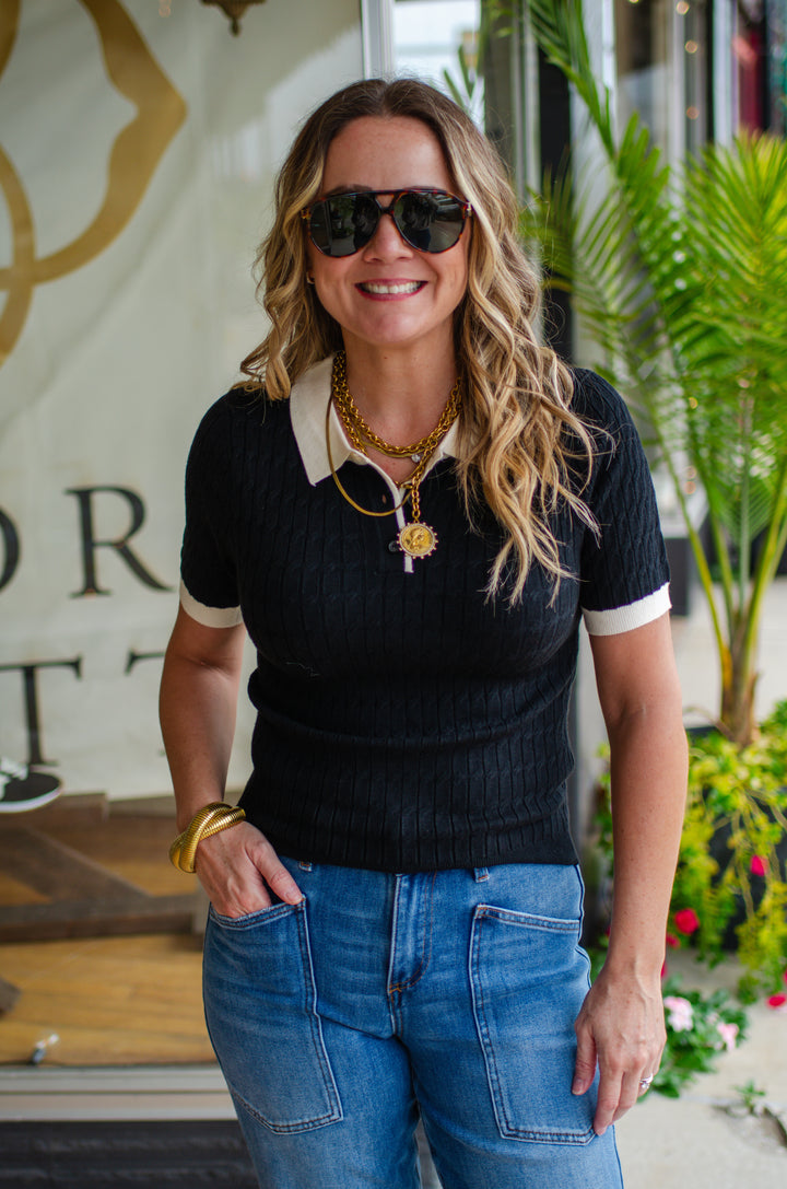 Preppy Moment Fitted Polo Top in Black with Cream Trim