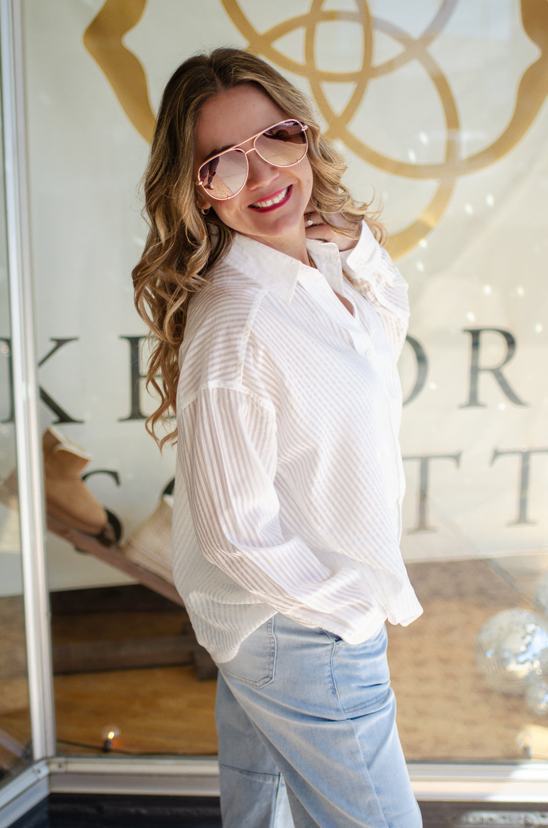 See Trough You Stripe Sheer Oversized Button Down Collared Top in White