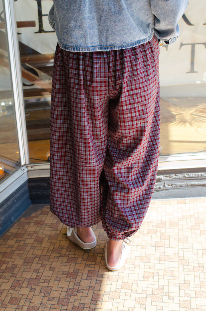 Plaid Boho Balloon Pant in Burgundy Mix