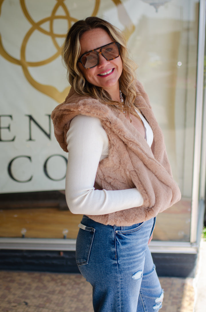 Winter Wonder Faux Fur Hooded Vest in Tan