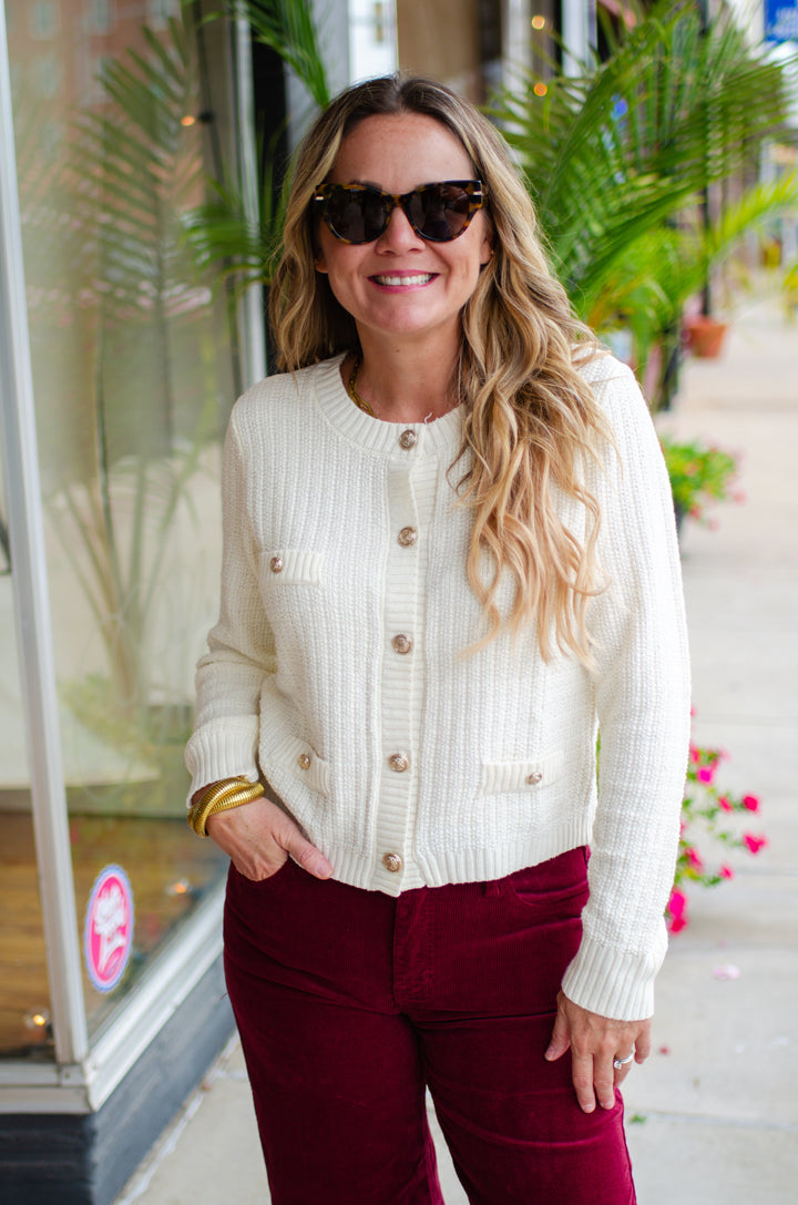 Stylish Moments Gold Button Detailed Sweater Top in Cream