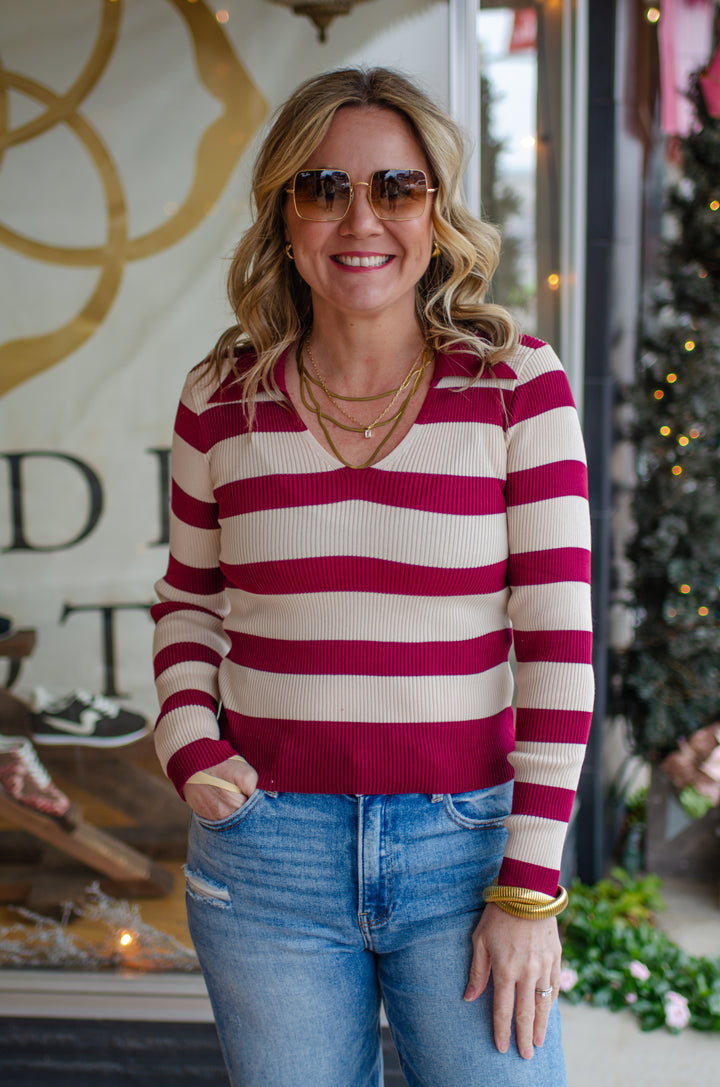 Warmth In You Burgundy & Tan Collared Stripe Long Sleeve Top