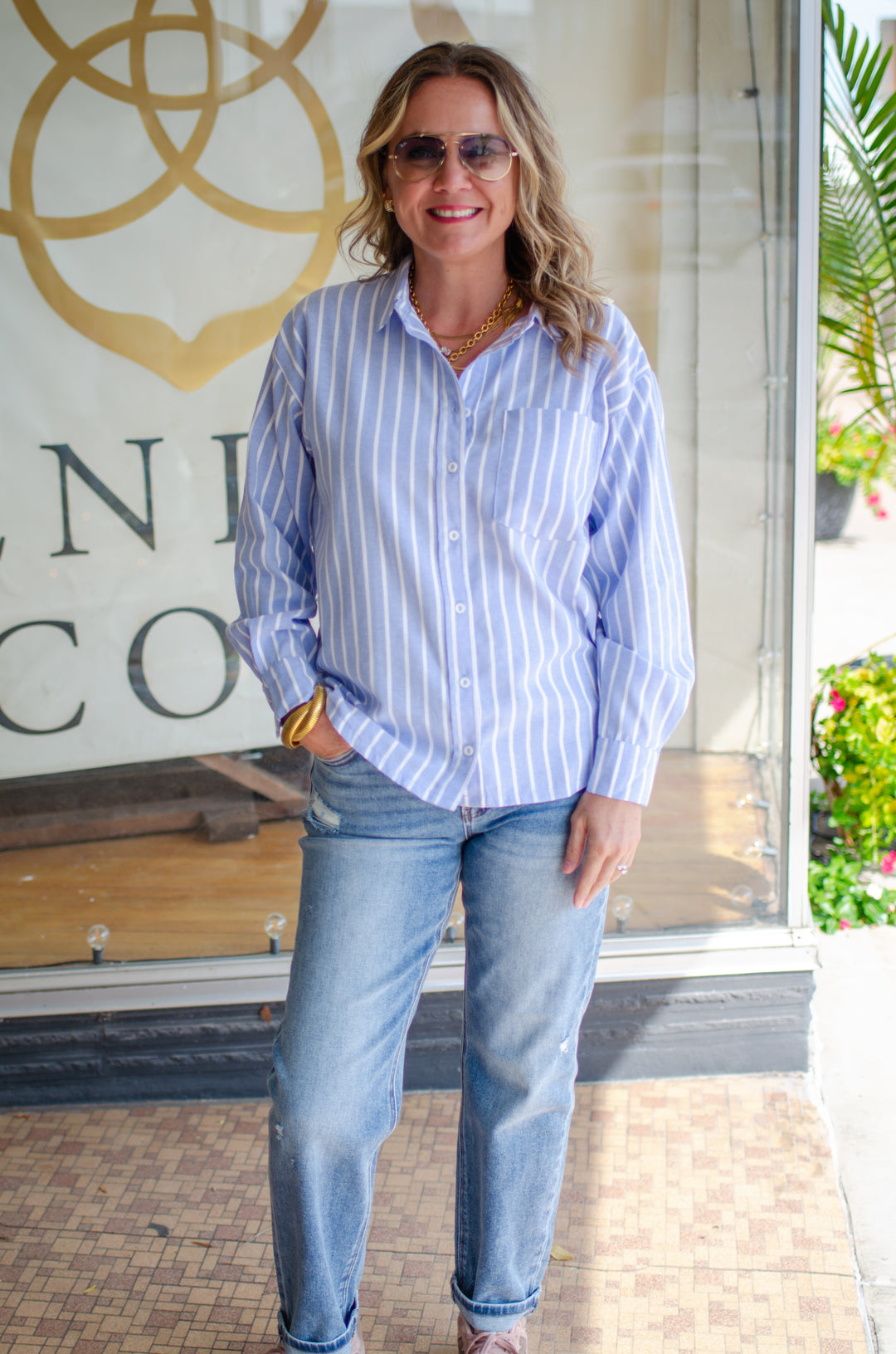 Fall Classic Stripe Button Down Boyfriend Top in Blue