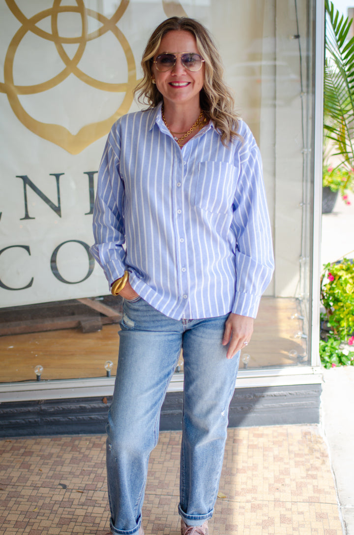 Fall Classic Stripe Button Down Boyfriend Top in Blue