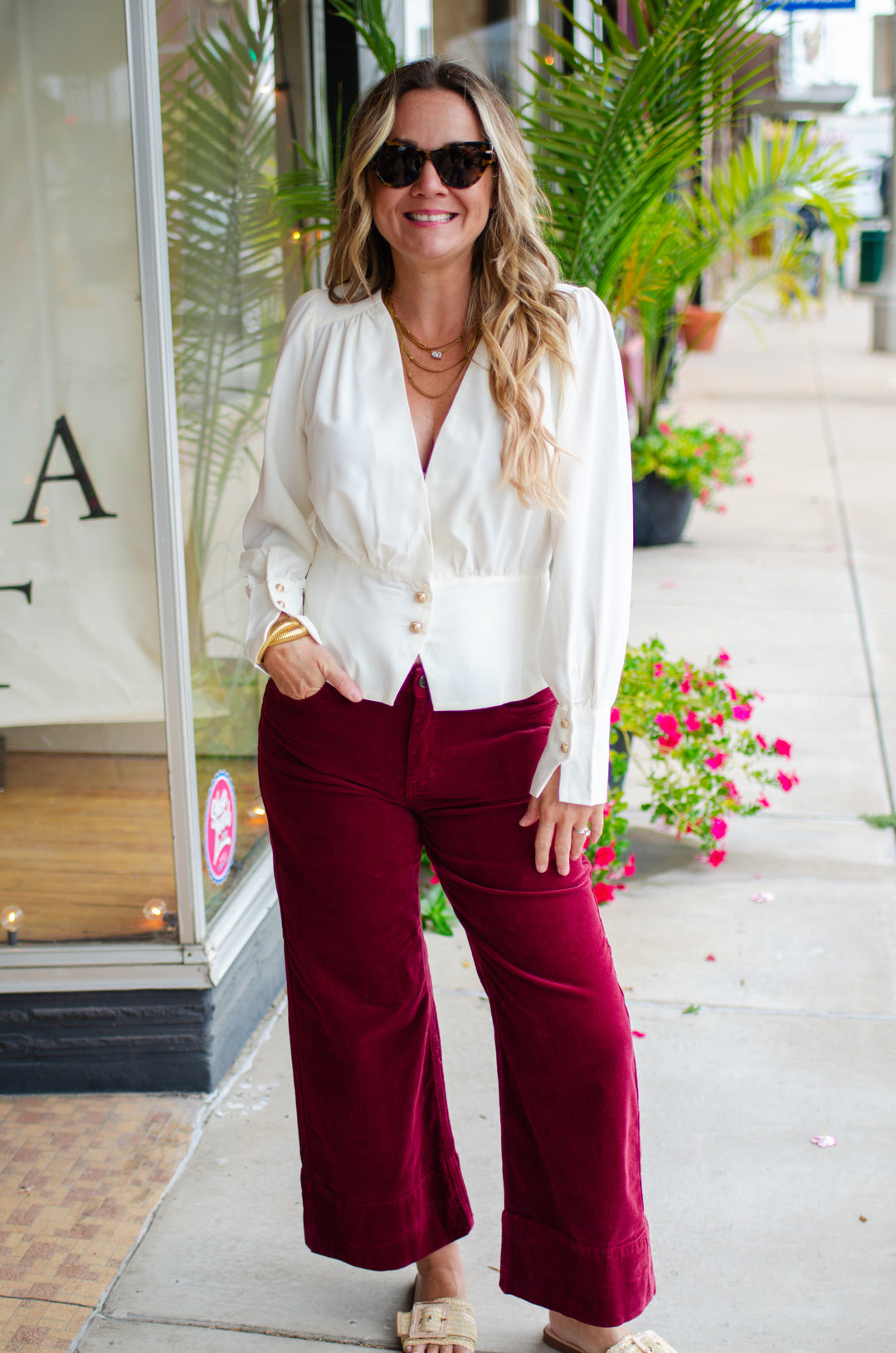 Run To You Long Sleeve Surplice Top with Gold Button Detail in Cream