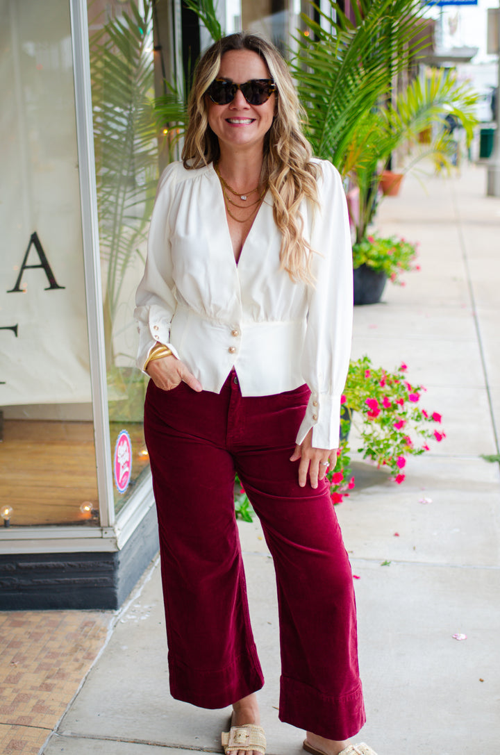 Run To You Long Sleeve Surplice Top with Gold Button Detail in Cream