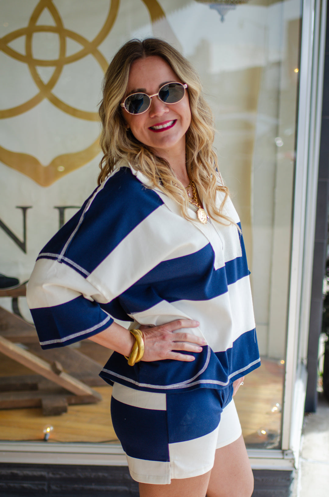 Take Your Time Navy & Cream 3/4 Zip Short Sleeve Top