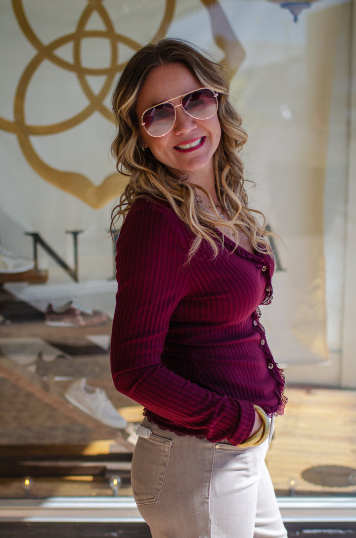 Our Love Button Down Lace Trim Knit Top in Wine