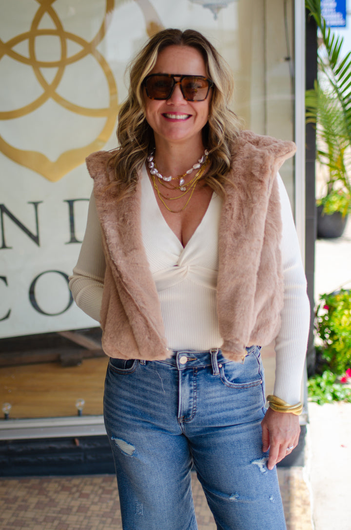 Winter Wonder Faux Fur Hooded Vest in Tan