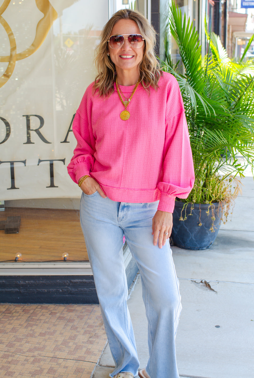 Breathless Modern Textured Boxy Long Sleeve Top in Pink