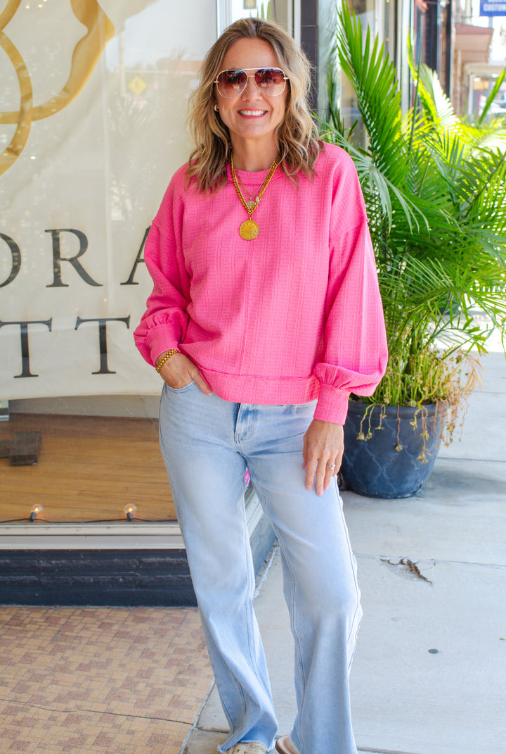 Breathless Modern Textured Boxy Long Sleeve Top in Pink