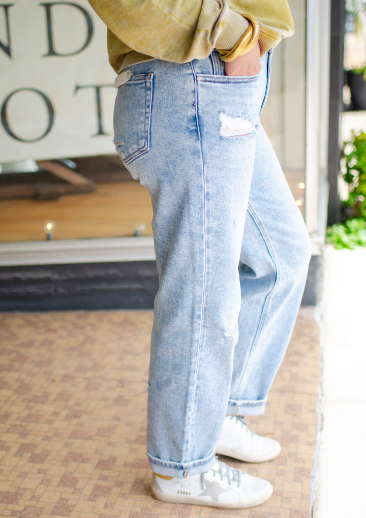 Risen High Rise Ankle Boyfriend Distressed Jeans in Light Wash