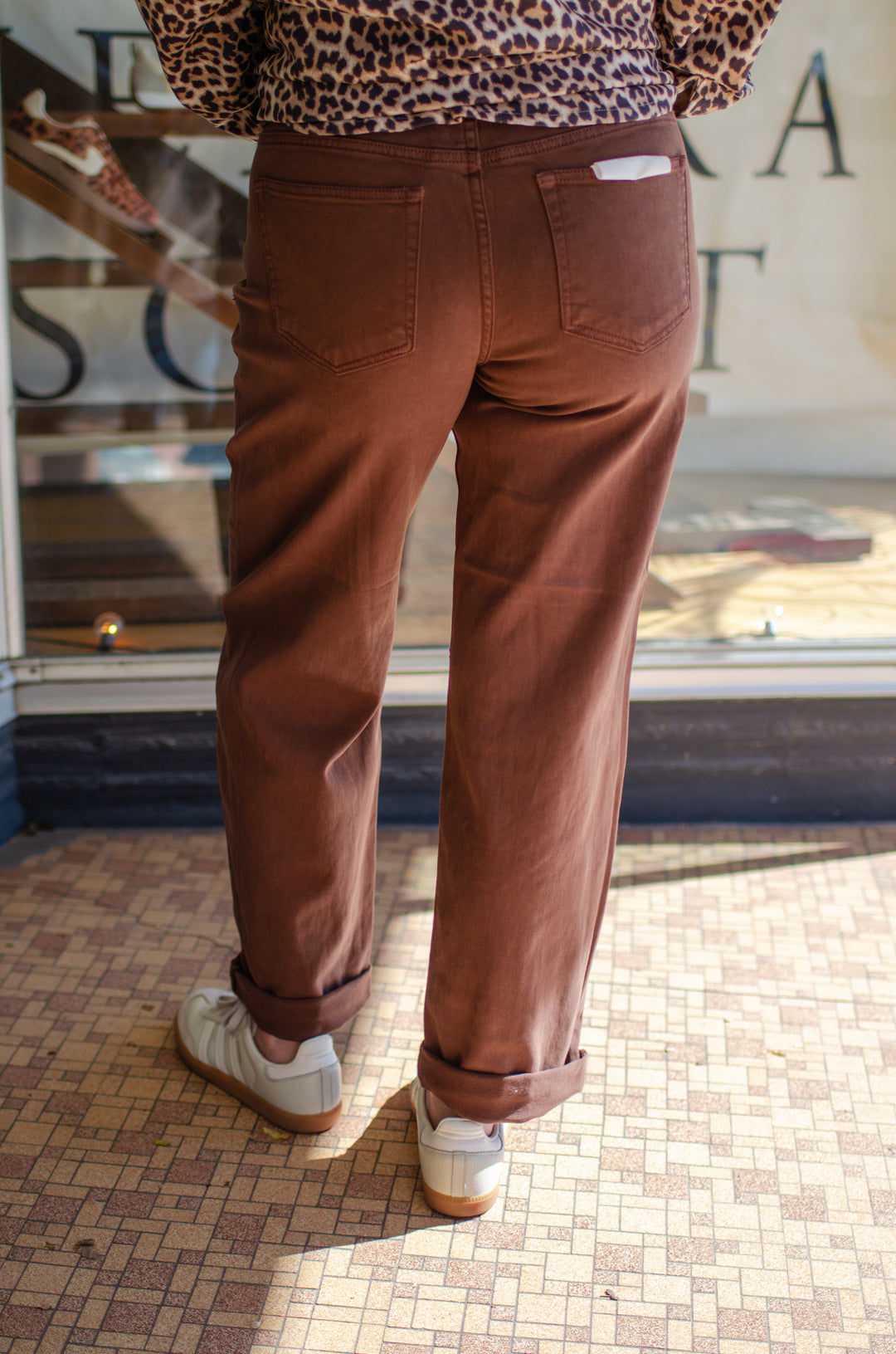 Risen Tummy Control Mid Rise Ankle Barrel Relaxed Baggy Jeans in Chocolate