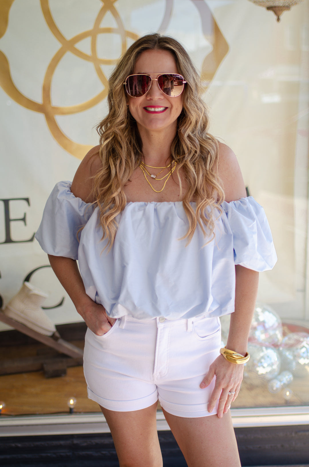 Sweet Chic Off The Shoulder Bubble Top in Light Blue