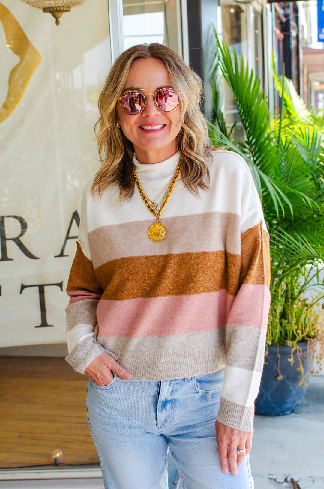 True One Multi Color Stripe Mock Neck Sweatshirt